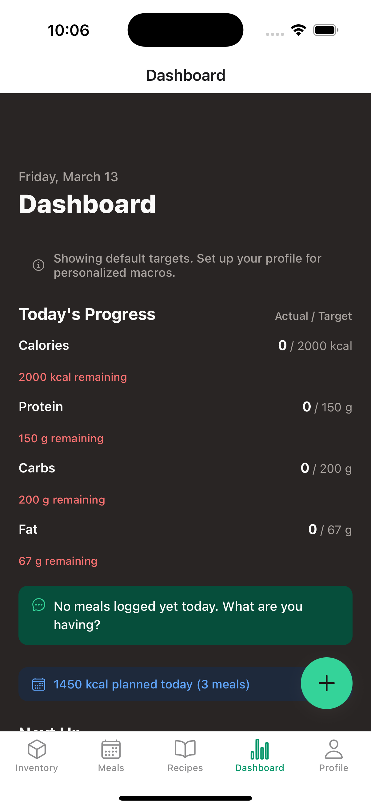 PlateUp dashboard showing daily macro progress and planned meals