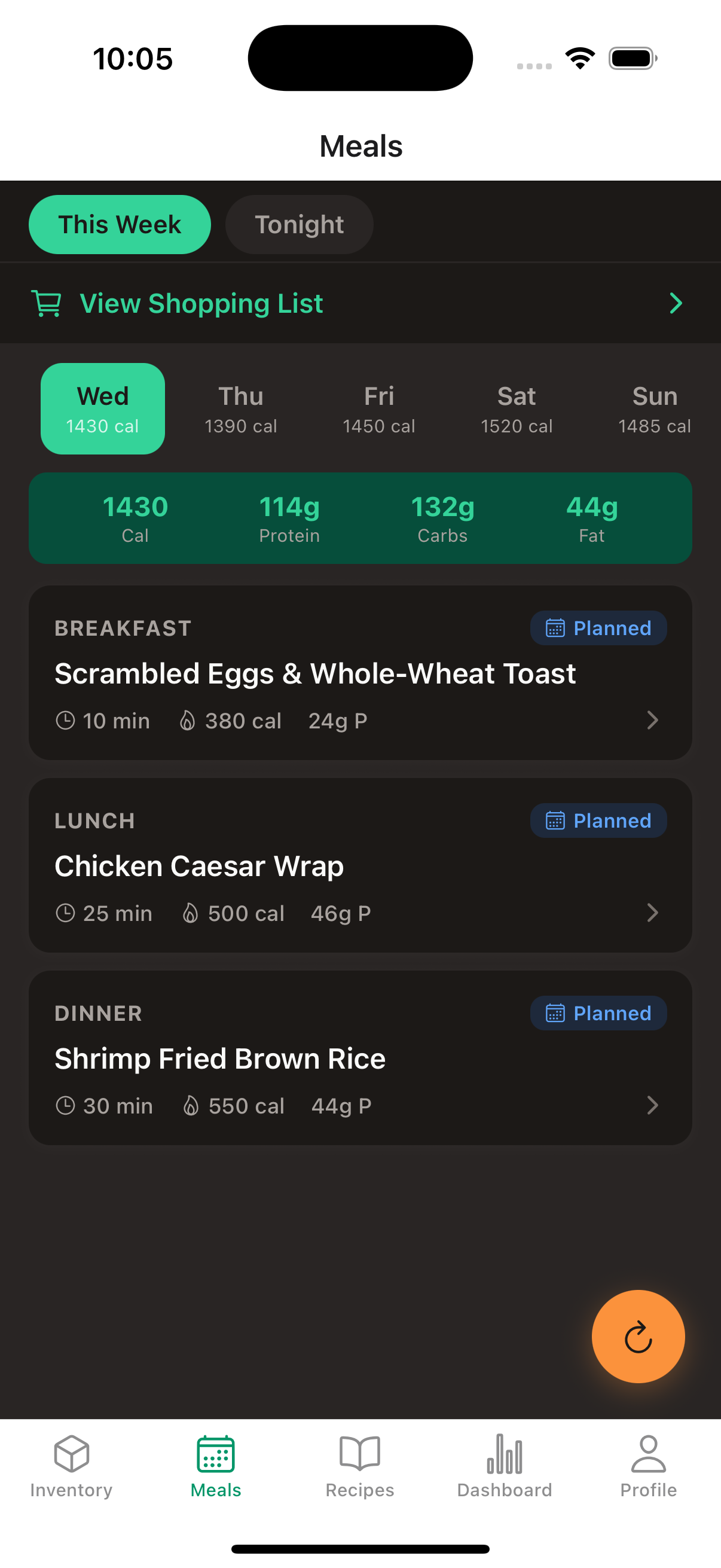 Weekly meal plan with day-by-day meals and calorie breakdown