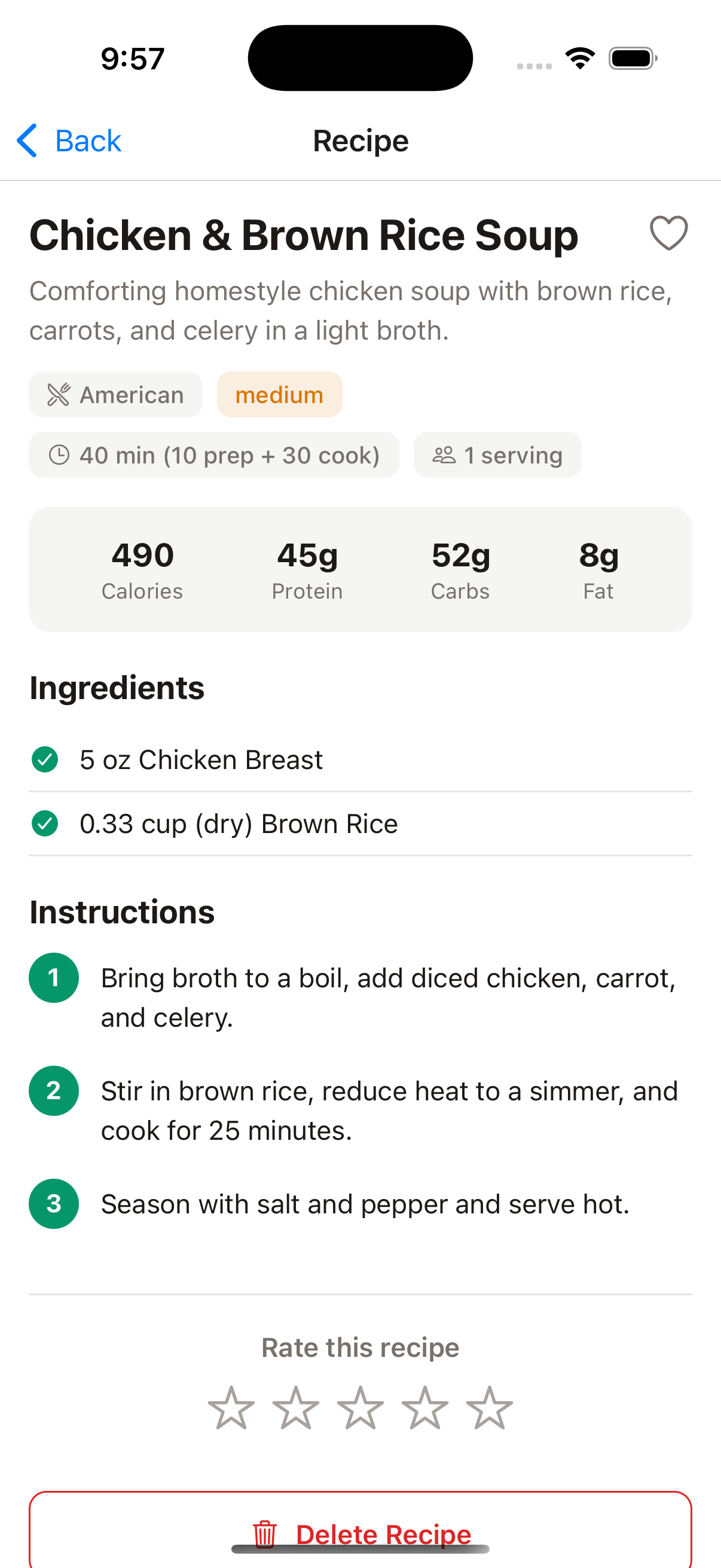 Recipe detail page with ingredients, macros, and step-by-step instructions