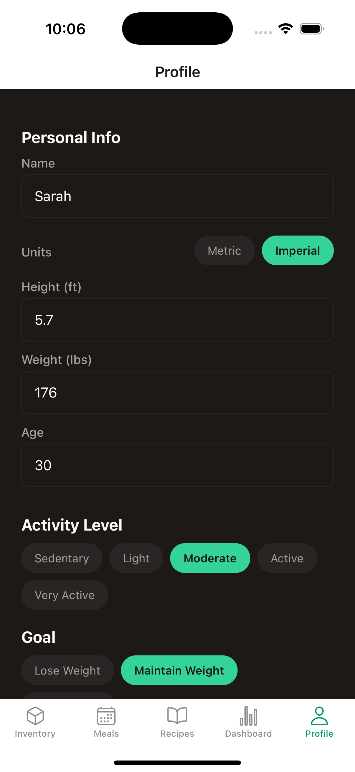 User profile with macro targets and dietary preferences